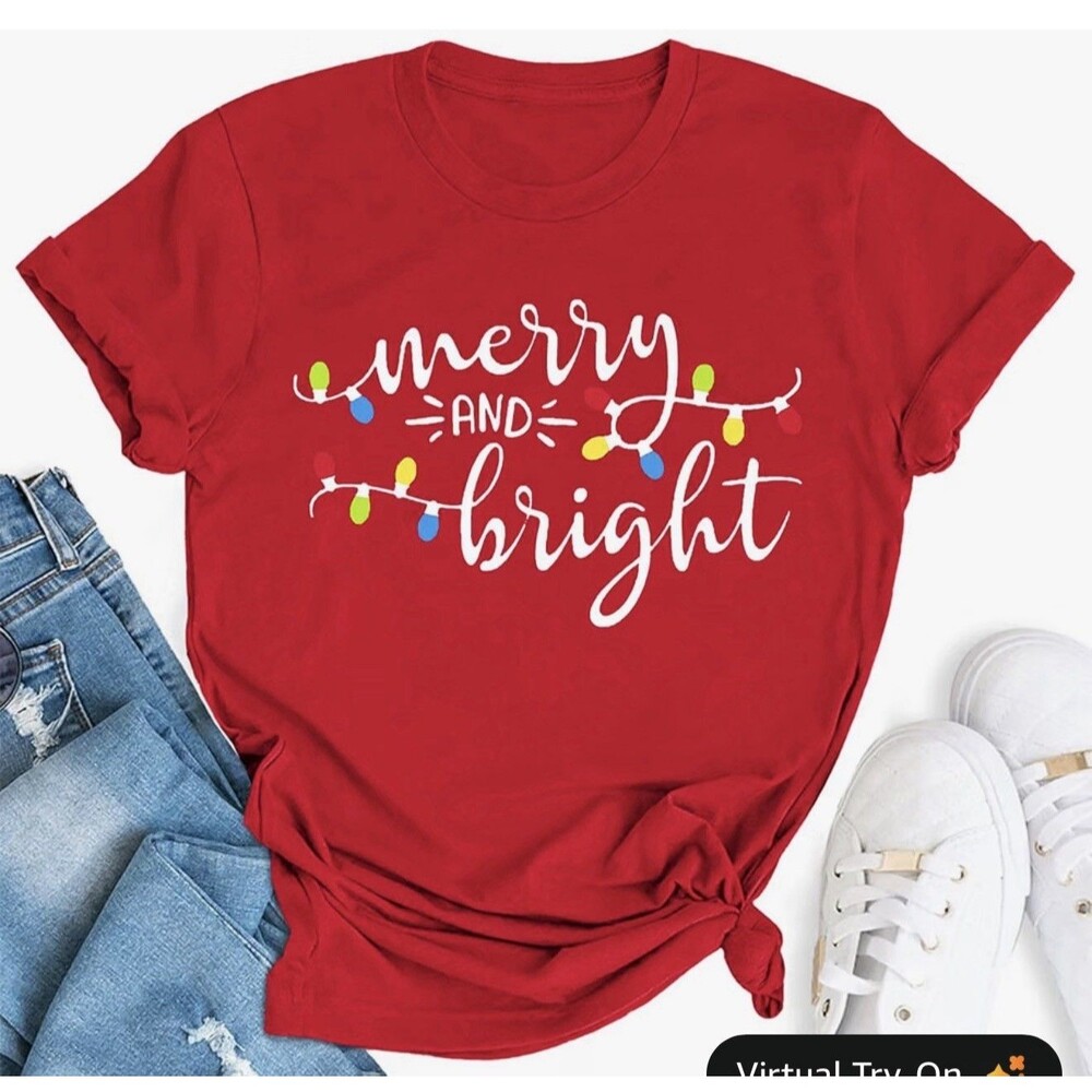 Women's Funny T Shirt Merry and bright Christmas Graphic top soft casual red XXL